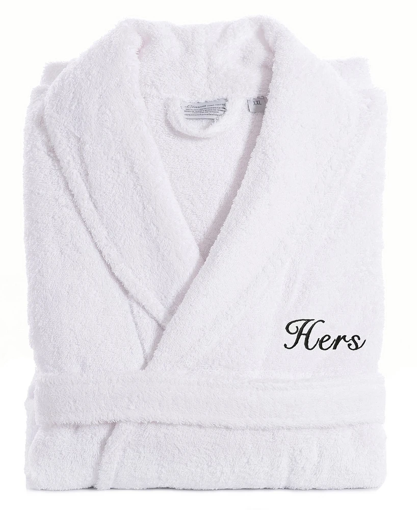 Linum Home Script Font Turkish Cotton Embroidered Hers Terry Bathrobe