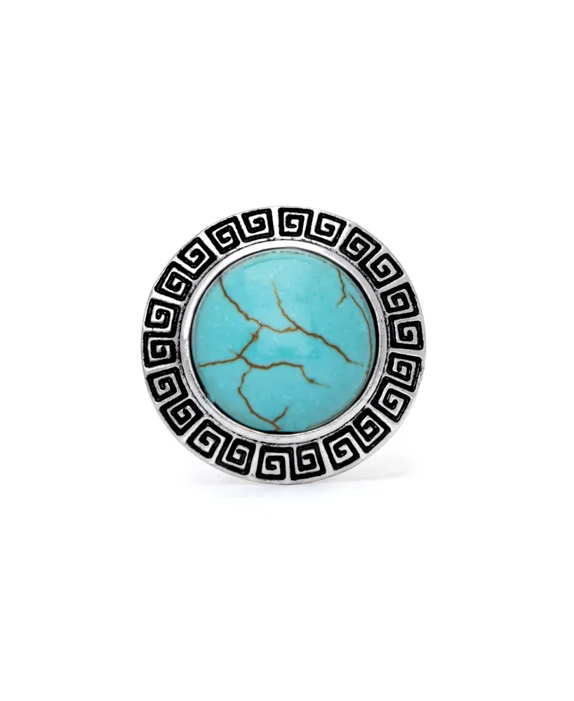 Macy's Simulated Turquoise in Silver Plated Round Greek Key Adjustable Ring