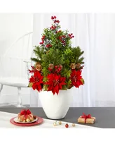 Nearly Natural Poinsettia, Boxwood and Succulent Artificial Arrangement in Vase