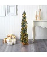 Nearly Natural Pine Artificial Christmas Tree with 70 Warm Lights Set in A Burlap Base