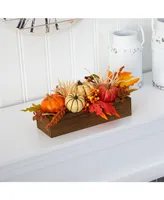 Nearly Natural Harvest Pumpkin and Berries Artificial Arrangement in Wood Vase