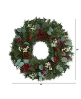 Nearly Natural Eucalyptus and Pine Artificial Wreath with Berries and Pine Cones