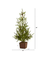 Nearly Natural Alpine "Natural Look" Artificial Christmas Tree in Wood Planter with Pine Cones