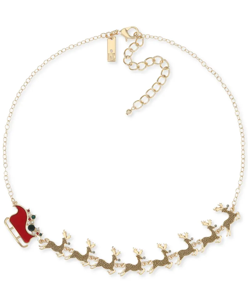 Holiday Lane Gold-Tone Crystal Reindeer & Sleigh Statement Necklace, 18" + 3" extender, Created for Macy's