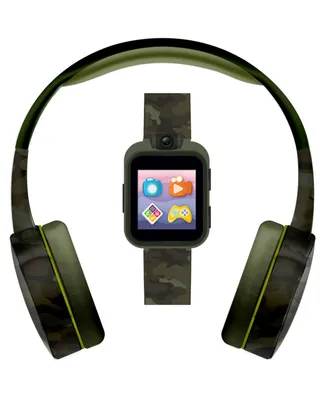 Kid's Playzoom Green Camouflage Print Tpu Strap Smart Watch with Headphones Set 41mm