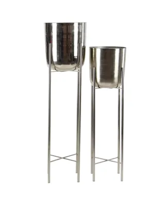 Large Modern Metallic Planters with Stands, Set of 2 - Silver