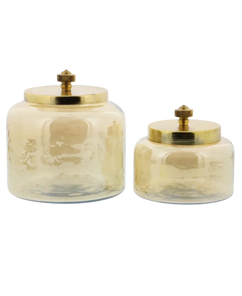 Round Iridescent Glass Jars with Complimenting Metal Lid, Set of 2 - Gold