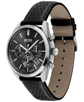 Hugo Boss Men's Chronograph Champion Black Leather Strap Watch 44mm