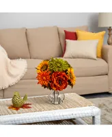 Peony, Dahlia and Sunflower Artificial Arrangement in Glass Vase