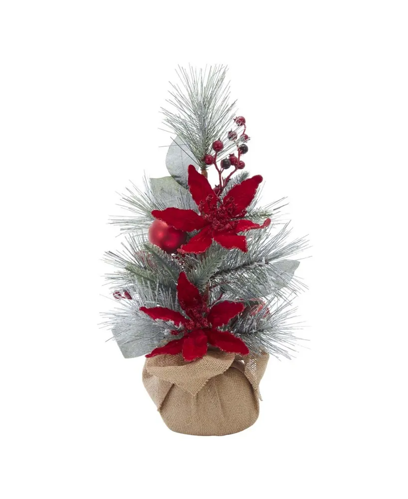 Kurt Adler 18" Flocked Tree with Berries and Poinsettia in Burlap Base