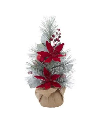 Kurt Adler 18" Flocked Tree with Berries and Poinsettia in Burlap Base