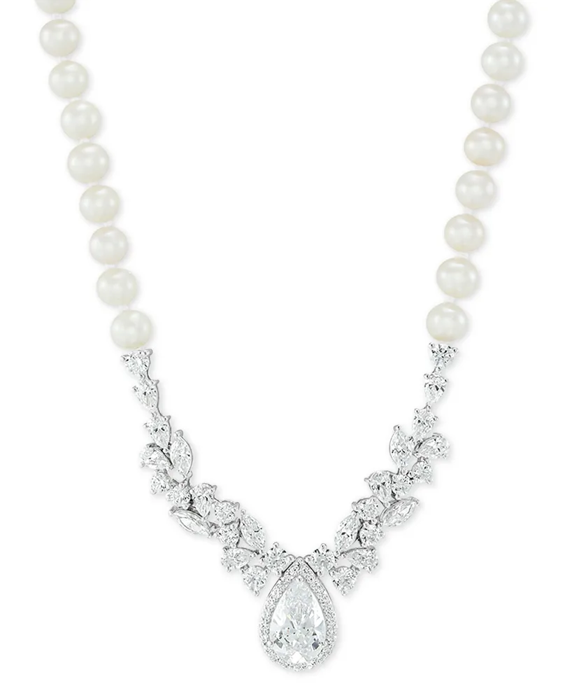 Arabella Cultured Freshwater Pearl (5-6mm) Cubic Zirconia 17" Statement Necklace in Sterling Silver