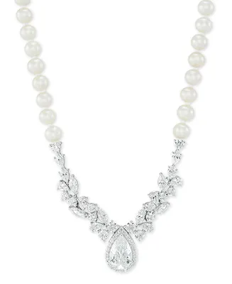 Arabella Cultured Freshwater Pearl (5-6mm) Cubic Zirconia 17" Statement Necklace in Sterling Silver