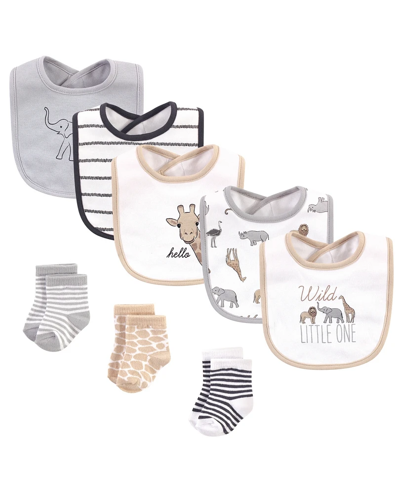 Hudson Baby Infant Cotton Bib and Sock Set 8pk, Modern Safari Animals, One Size