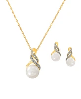 Cultured Freshwater Pearl (8 & 9mm) and Diamond Accent Pendant Necklace Earrings Set Sterling Silver or 14k Gold Over