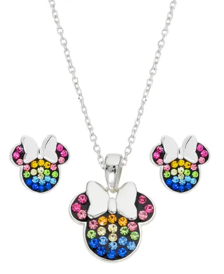 Disney Children's 2-Pc. Set Crystal Multicolor Minnie Mouse Pendant Necklace and Stud Earrings in Sterling Silver