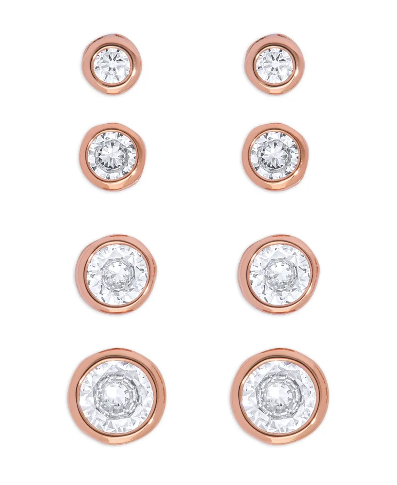 Rose Gold Plated 4-Pair Cubic Zirconia Graduated Bezel Earrings Set