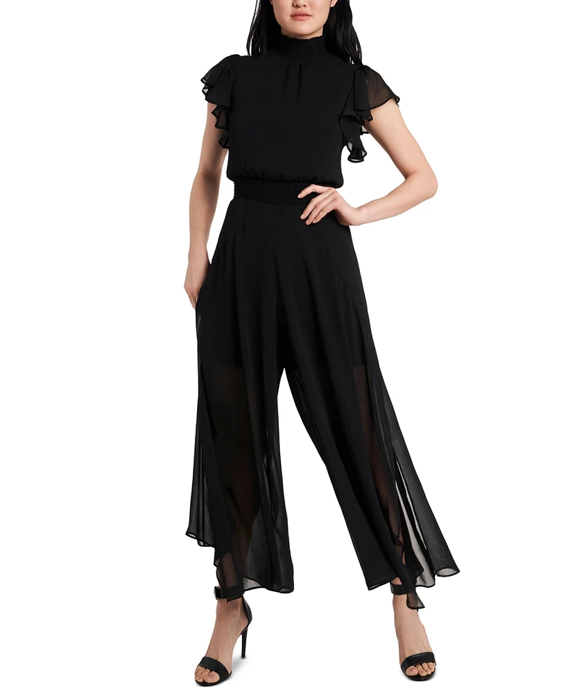 Msk Smocked-Trim Chiffon Jumpsuit