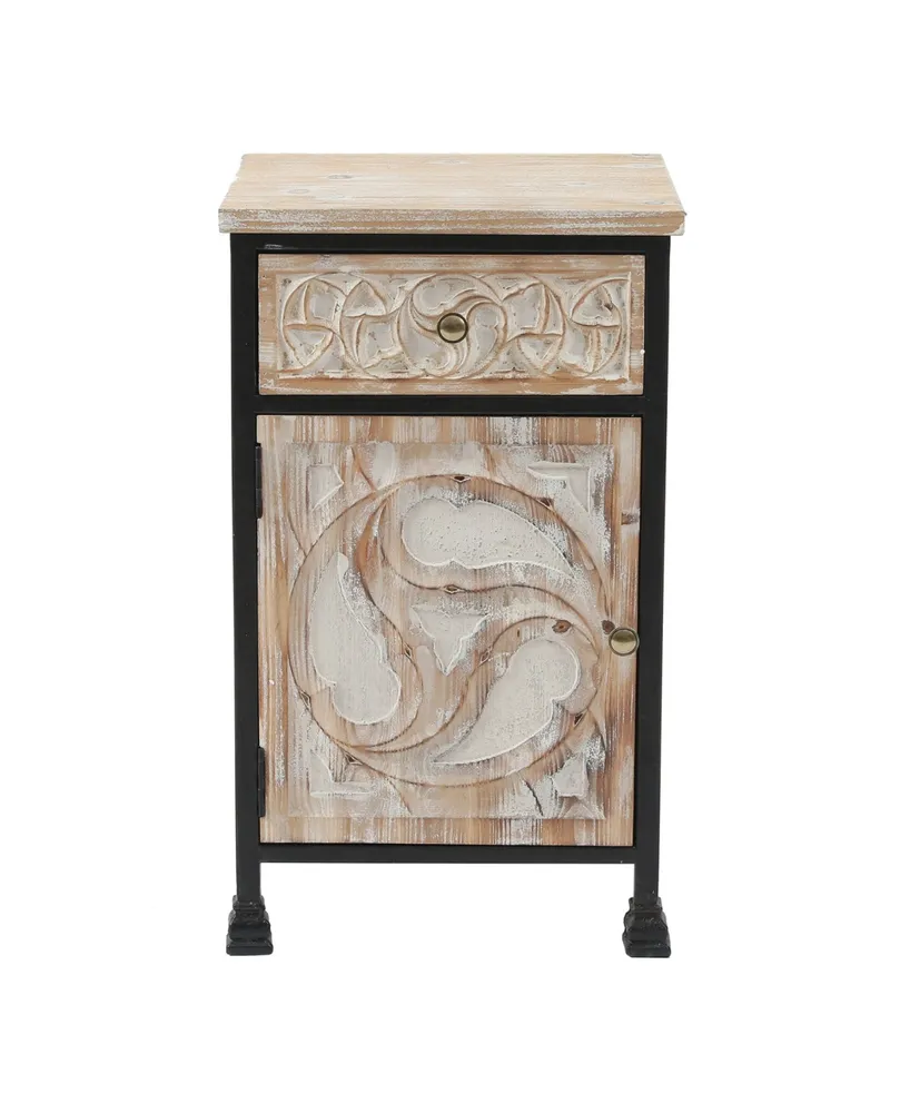 Metal Frame and Carved Wood 1-Door 1-Drawer End Table with Storage