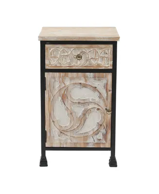 Metal Frame and Carved Wood 1-Door 1-Drawer End Table with Storage