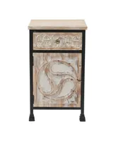 Metal Frame and Carved Wood 1-Door 1-Drawer End Table with Storage