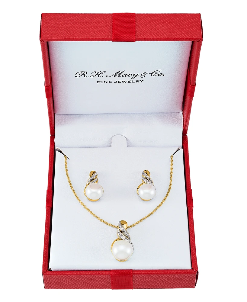 Cultured Freshwater Pearl (8 & 9mm) and Diamond Accent Pendant Necklace Earrings Set Sterling Silver or 14k Gold Over