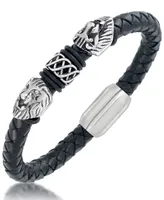 Andrew Charles by Andy Hilfiger Men's Black Leather Lion Head Bracelet in Stainless Steel