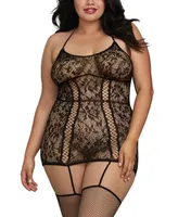 Dreamgirl Women's Plus Size Lace Garter Lingerie Dress with Criss-Cross Details and Fishnet Stockings