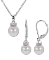 2-Pc. Set Cultured Freshwater Pearl (7-1/2-8-1/2mm) & White Topaz (1/10 ct. t.w.) Pendant Necklace and Matching Drop Earrings in Sterling Silver