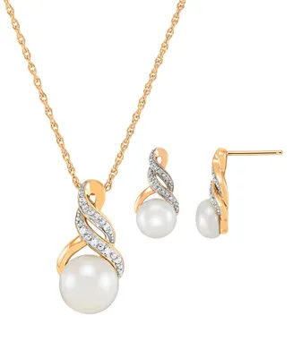 Cultured Freshwater Pearl (8 & 9mm) and Diamond Accent Pendant Necklace Earrings Set Sterling Silver or 14k Gold Over