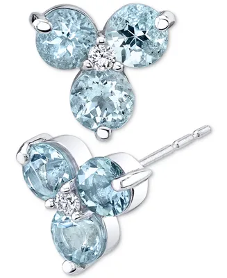 Aquamarine (1-1/2 ct. t.w.) & Diamond (1/20 ct. t.w.) Flower Stud Earrings in 14k White Gold