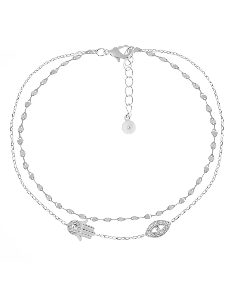 And Now This Double Row Cubic Zirconia Hamsa Hand and Evil Eye Anklet in Silver Plate