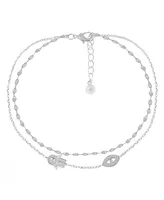 And Now This Double Row Cubic Zirconia Hamsa Hand and Evil Eye Anklet in Silver Plate