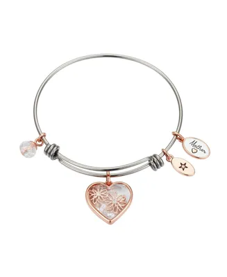 Rose Gold Two-Tone Stainless Steel Crystal "Mother" Heart and Flower Bangle Bracelet