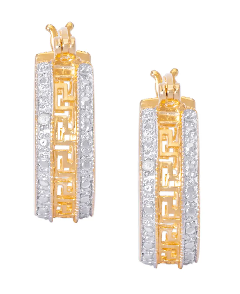 Diamond Accent Greek Key Design Huggie Hoop Earrings in Two Tone Gold Plate