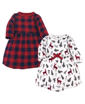 Hudson Baby Girls Cotton Long-Sleeve Dresses 2pk, Forest Deer