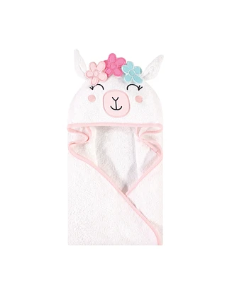 Hudson Baby Infant Girl Cotton Polyester Animal Face Hooded Towel, Flower Llama, One Size