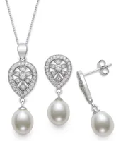 Belle de Mer 2-Pc. Set Cultured Freshwater Pearl (8mm) & Cubic Zirconia Teardrop Pendant Necklace & Matching Drop Earrings in Sterling Silver