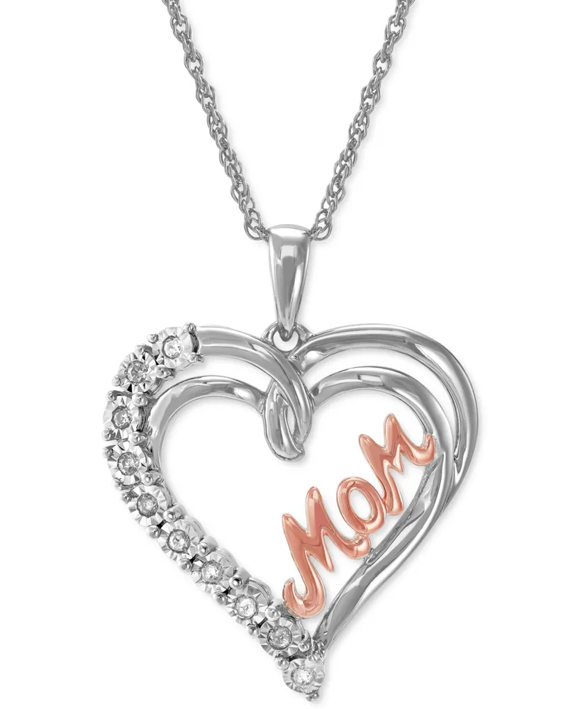 Diamond Heart Mom 18" Pendant Necklace (1/10 ct. t.w.) in Sterling Silver and 14K Rose Gold-Plate