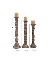 Set of 3 Brown Mango Wood Traditional Candle Holder, 24", 21", 17"