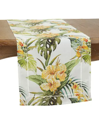 Saro Lifestyle Hemstitch Table Runner with Tropical Flower Design, 72" x 16"