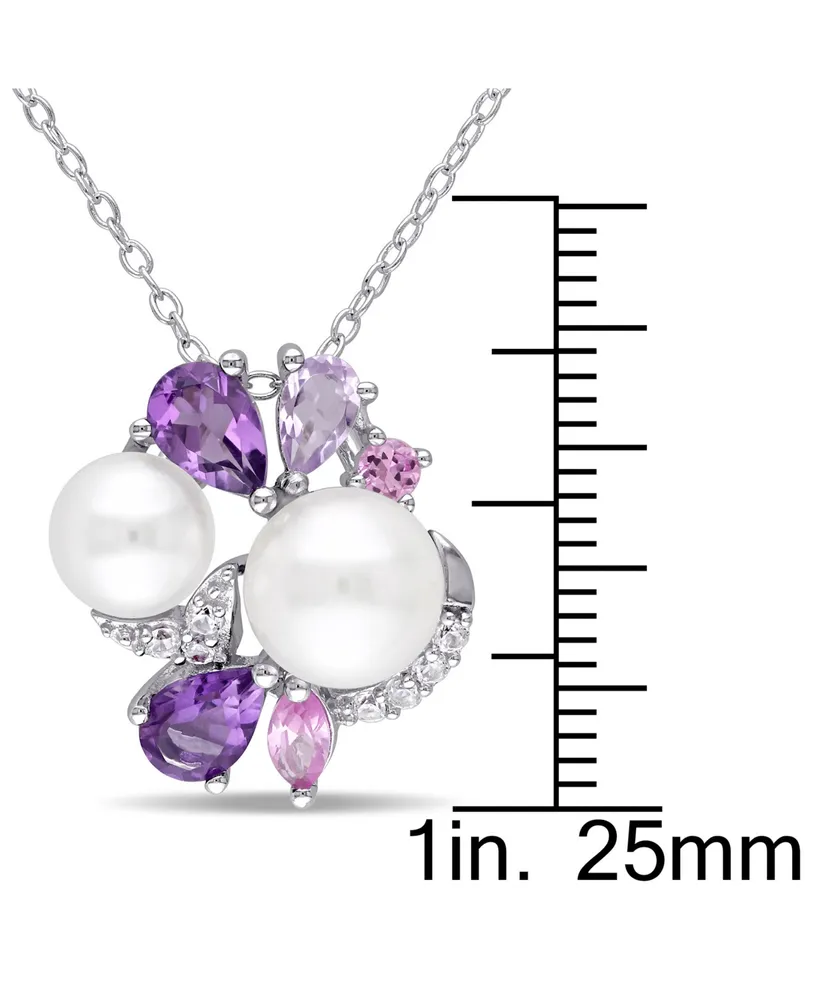 Cultured Freshwater Pearl (6-1/2 & 7-1/2mm) & Multi-Gemstone (1-3/8 ct. t.w.) Cluster 18" Pendant Necklace in Sterling Silver