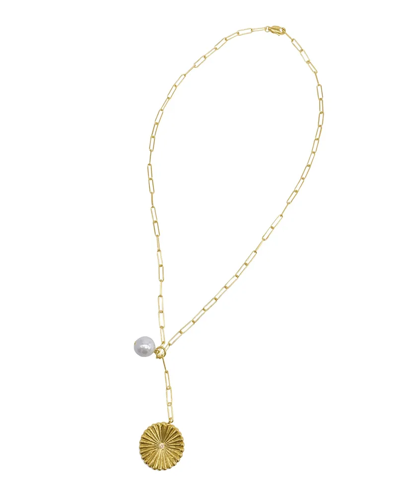Sunburst Pendant Y- Necklace with Pearl Drop - Yellow Gold