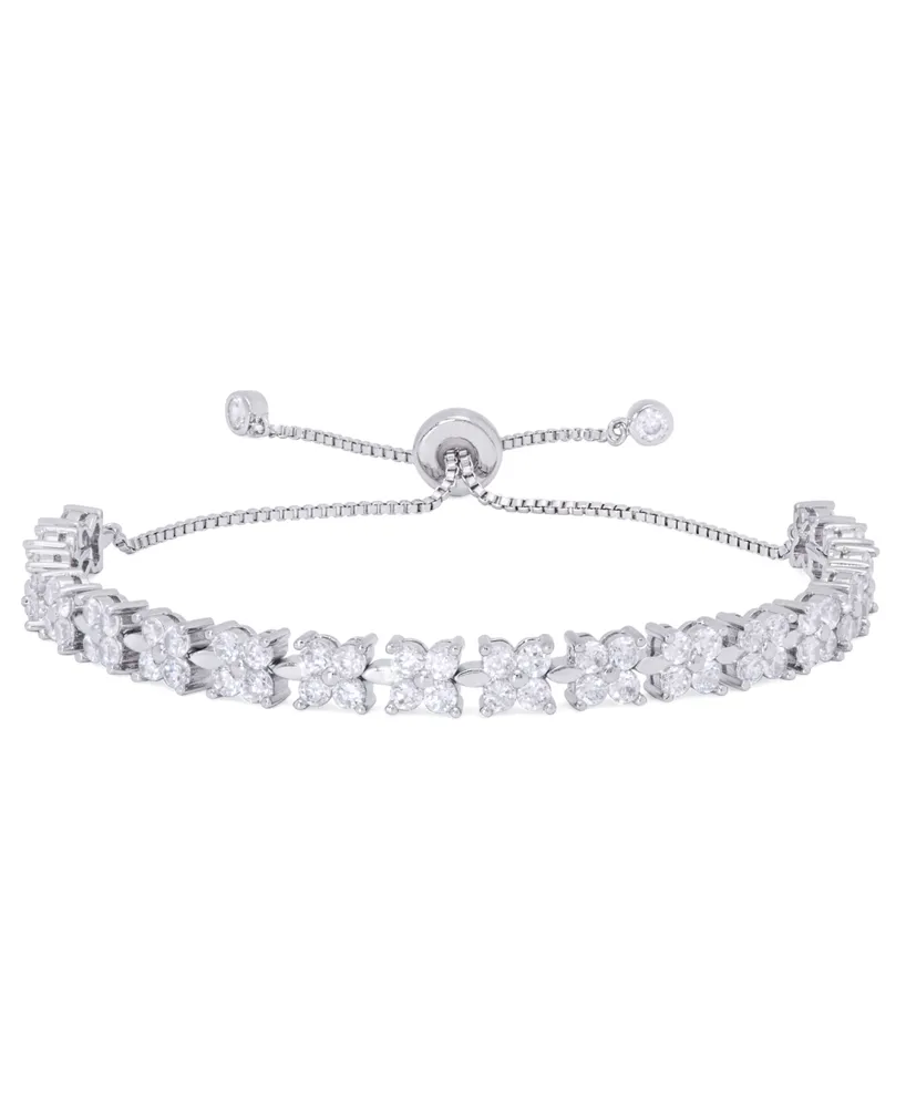Cubic Zirconia Linked Flowers Adjustable Bolo Bracelet in Silver Plate