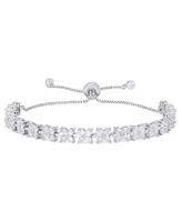 Cubic Zirconia Linked Flowers Adjustable Bolo Bracelet in Silver Plate