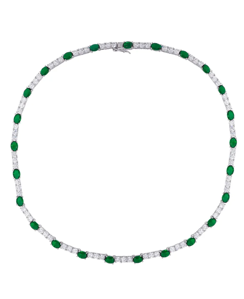 Simulated Emerald/Cubic Zirconia Oval Necklace in Silver Plate