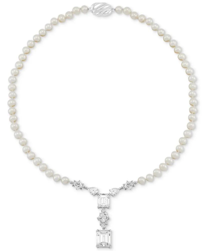 Arabella Cultured Freshwater Pearl (5-6mm) & Cubic Zirconia 18" Statement Necklace in Sterling Silver