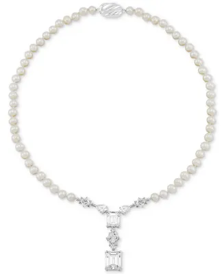 Arabella Cultured Freshwater Pearl (5-6mm) & Cubic Zirconia 18" Statement Necklace in Sterling Silver