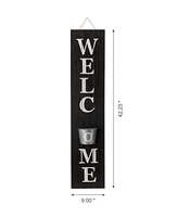 Glitzhome 42"H Wooden White Welcome Porch Sign with Metal Planter