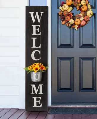 Glitzhome 42"H Wooden White Welcome Porch Sign with Metal Planter